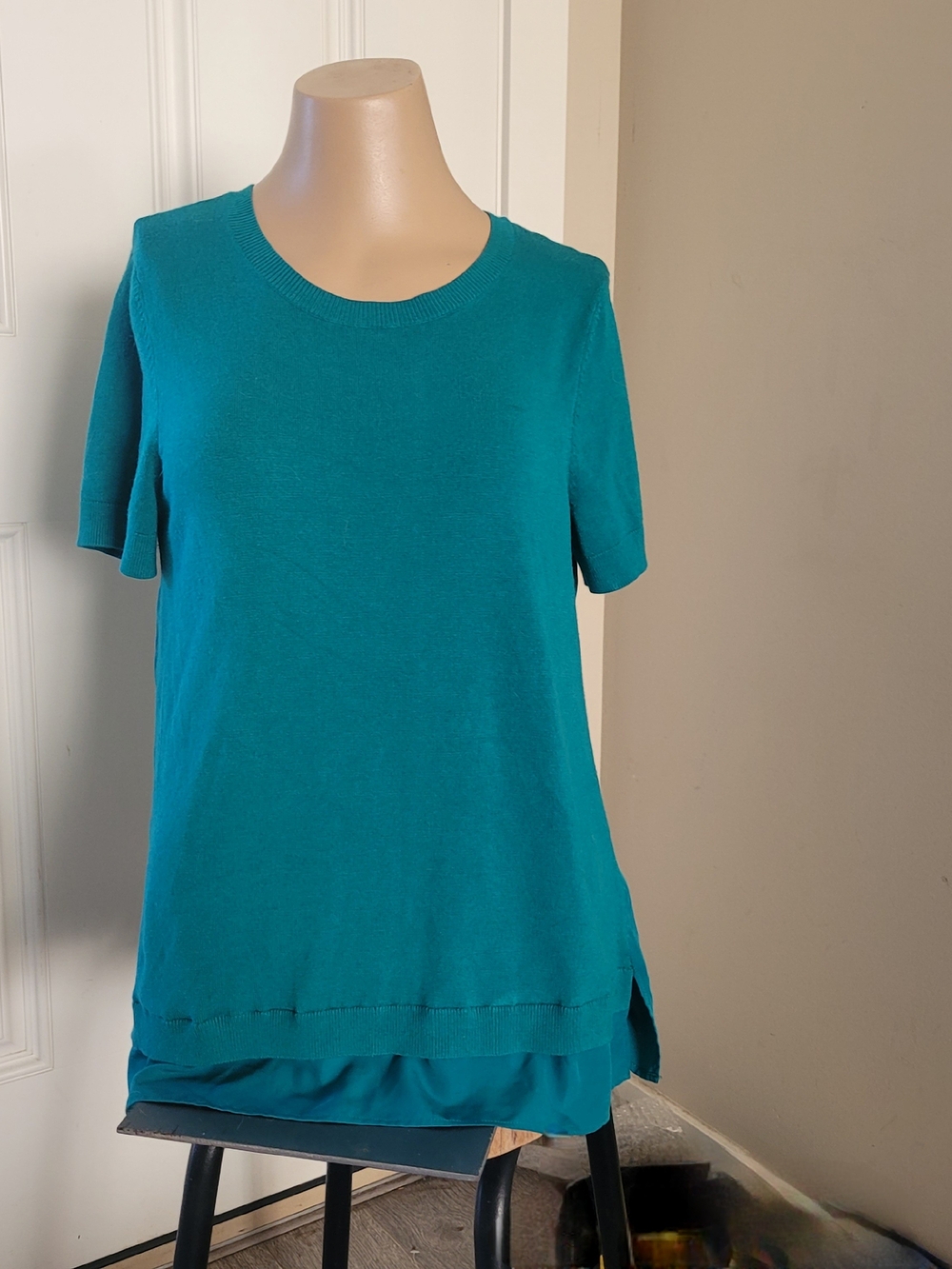 Reitmans Teal Layered Short-Sleeve Crew Neck Sweater